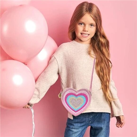Heart Shaped Purse Pink Purse for Girls Kids Sparkly Pink with Shoulder Strap - Picture 4 of 8